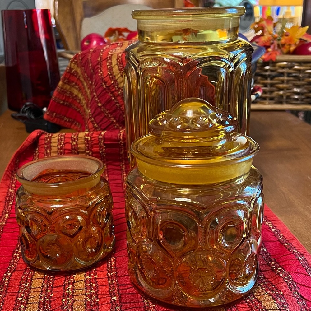 Vintage LE Smith Moon & Stars Canisters 1960’s Amber Glass GUC